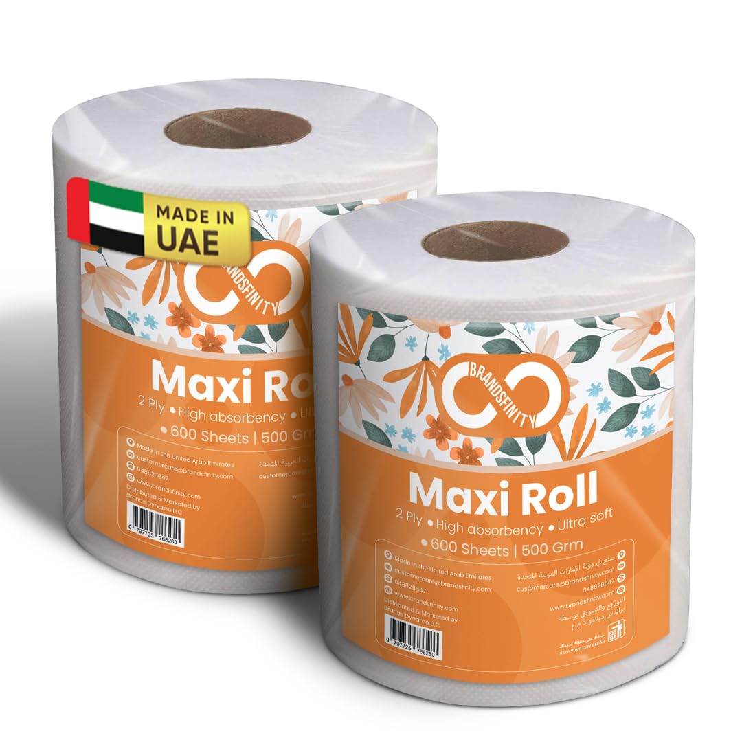 Brandsfinity Maxi Roll Kitchen Paper Towel - 2 Rolls, 500g Each, 1200 Sheets, Highly Absorbent