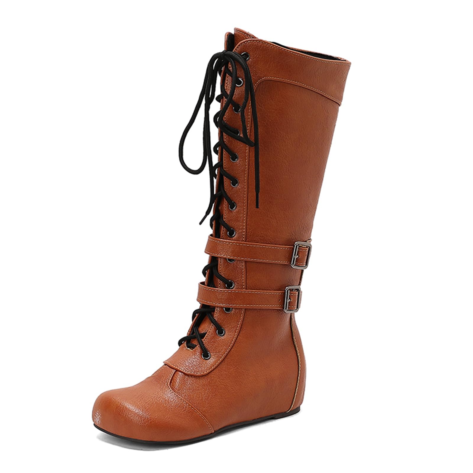 Womens Knee High Boots Vintage Lace Comfort Casual Riding Boots Fashion Dressy Buckle Winter Boots