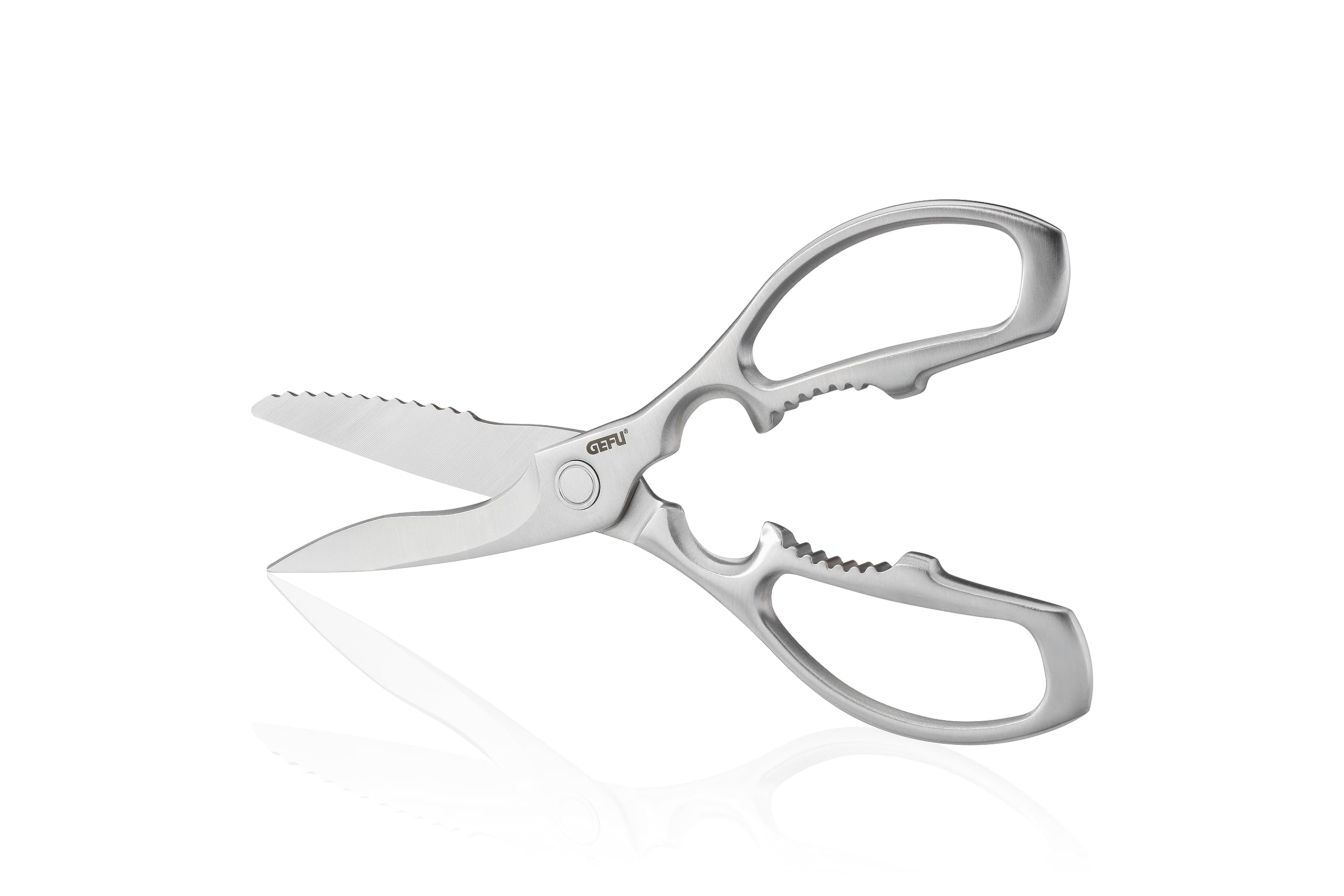 GEFU Vielzweckschere Primera - Universalschere Edelstahl mit Nussknacker | Scharfe Küchenschere mit Mikroverzahnung, Flaschenöffner und Drehverschluss-Öffner - Spülmaschinengeeignete Haushaltsschere
