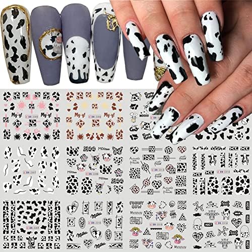 12 Sheets Cute Cartoon Nail Stickers,Cute Milk Nail Art Water Decals Transfer Foil Slider for Nails Accessory Milk Cow Animal Butterfly Leopard Heart Design Manicure Tips DIY Nail Art Decorations
