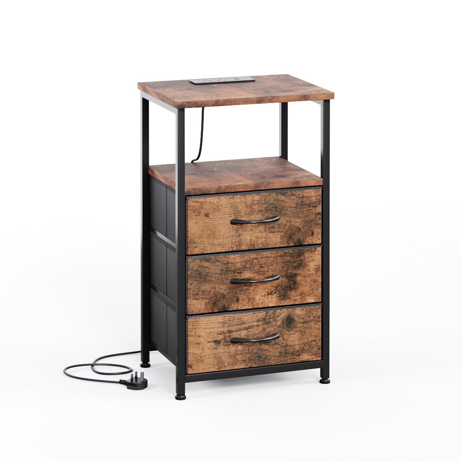 CAIYUN 3 Drawers Bedside Table with Charging Station, 72Hx40W cm Chest of Drawers for Bedroom, Kids, Living Room, Clost, Small End Table with Led and 2 Outlets & USB Ports for Small Space, Brown
