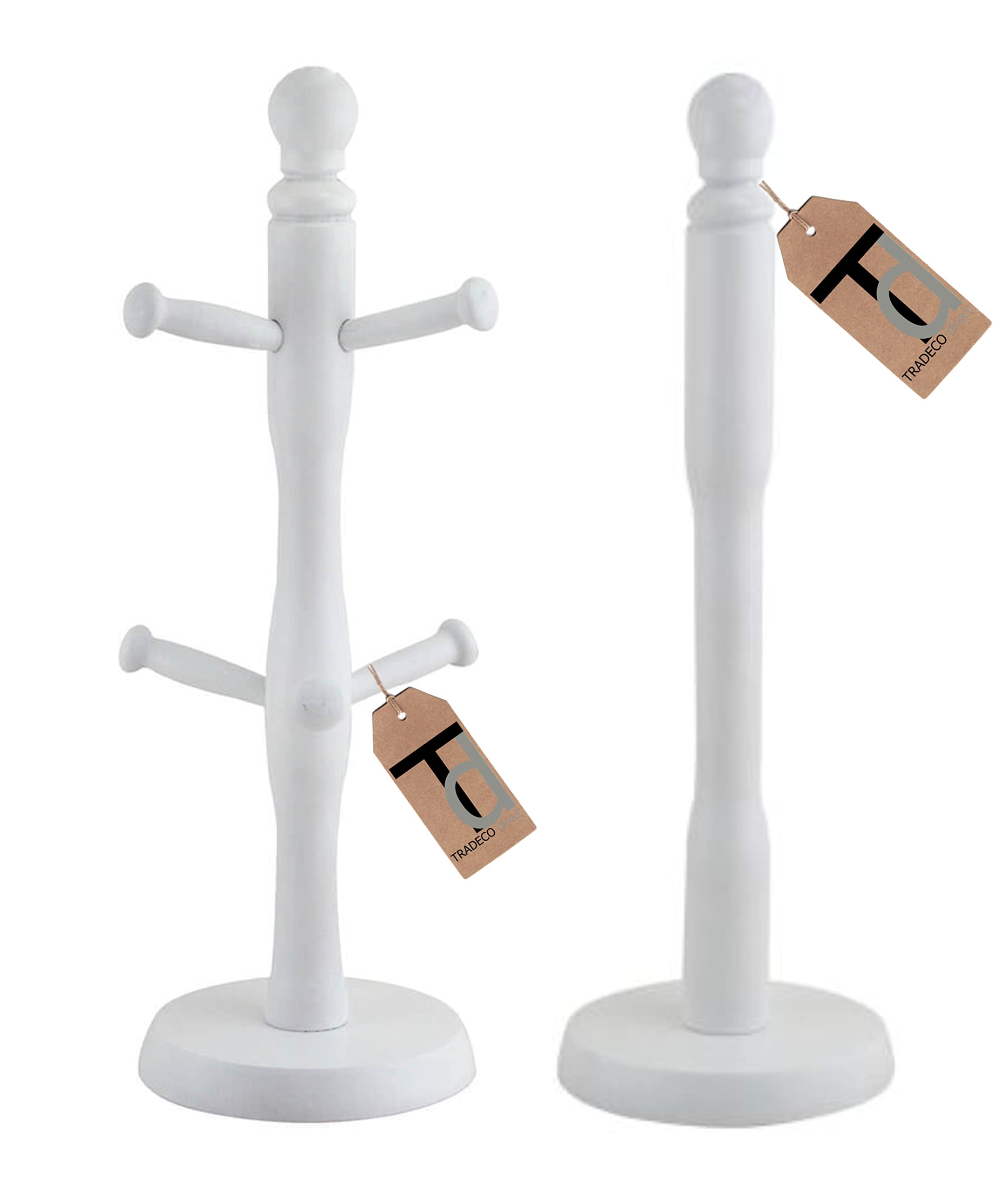 Tradeco direct® 2 Pc Mug Tree (6 Cup) & Kitchen Towel Holder Set White Beech Wood 35cm