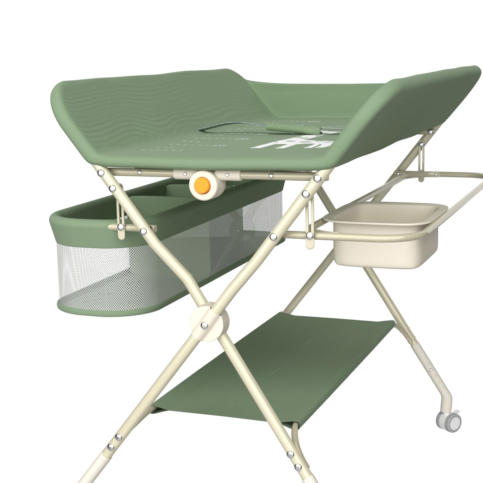 Wickeltisch Mobile – Wickelunterlage für Babys – klappbar – höhenverstellbar – Aufbewahrungskorb – Regal – Rad abschließbar – Grün