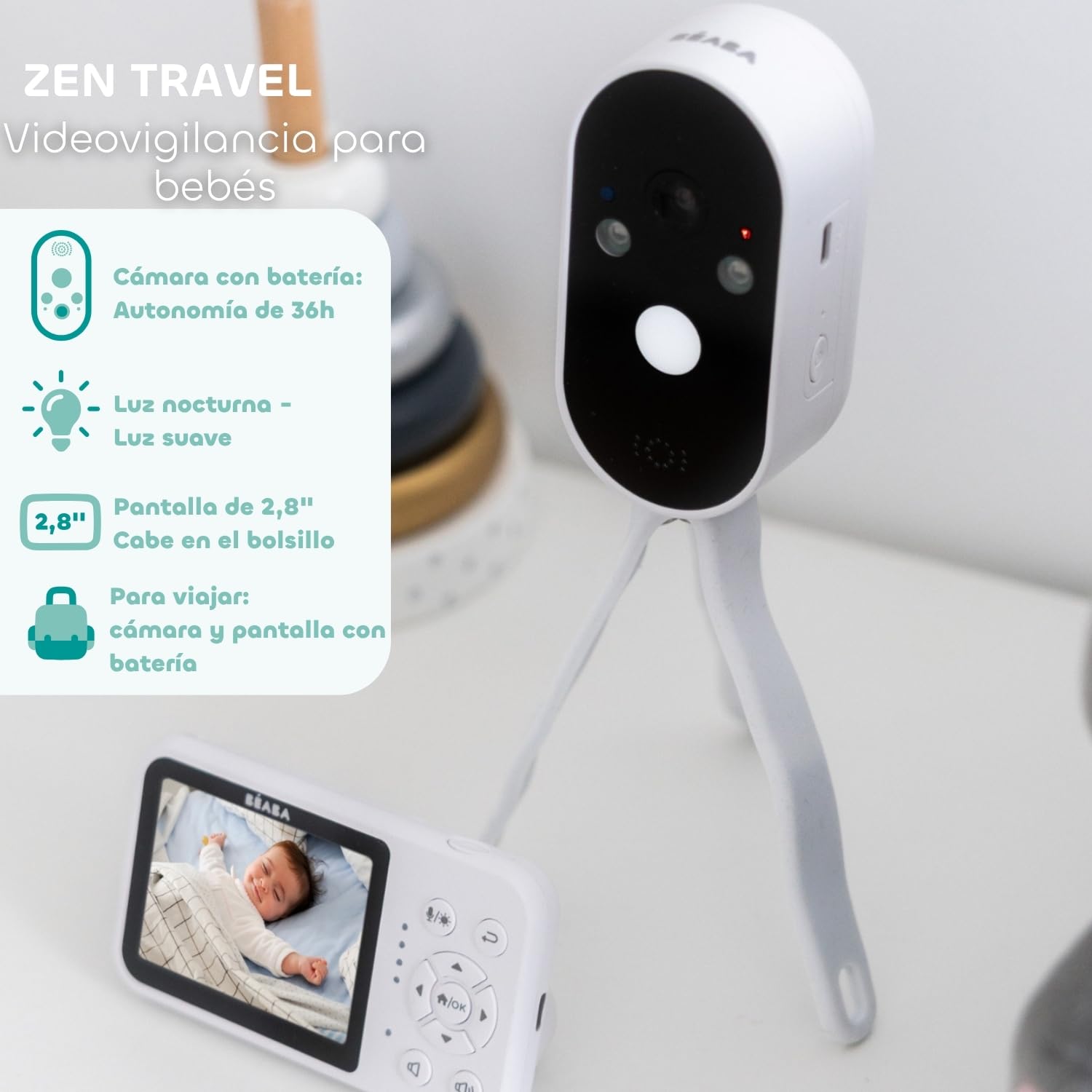 Béaba, Vigilabebés Vídeo Sin WiFi – Cámara con Batería 36h, Pantalla 2,8”, Visión Nocturna, 0 Ondas, VOX, Luz Nocturna, Walkie-Talkie, Soporte Flexible, Vigilabebés Portátil, Zen Travel, Blanco