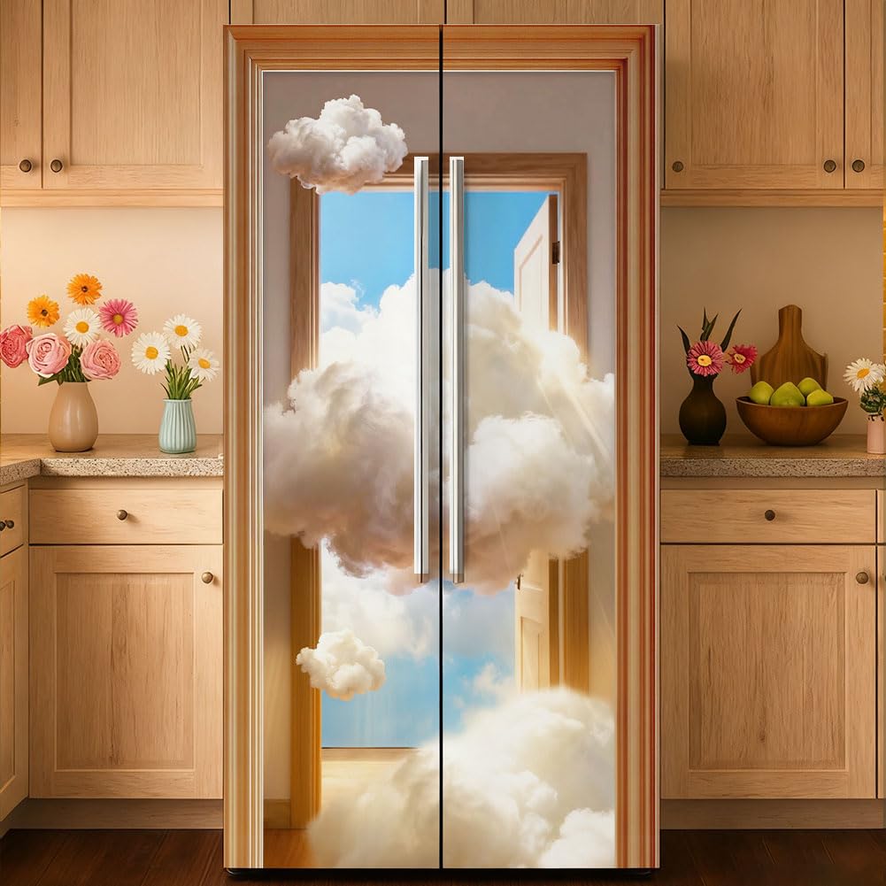 GOMAKERER 2 Pcs Cloud Room Refrigerator Wraps, Self-Adhesive Refrigerator Wrap Set Removable Fridge Sticker Fridges Panel Cover Sticker for Kitchen Bar Decor, 41.5x200 cm