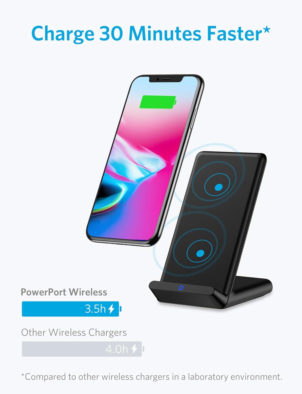 Exсluѕіvе Anker Wireless Charger, PowerPort Wireless 5 Stand, Qi-Certified, Compatible iPhone 11, 11 Pro, 11 Pro Max, XR, XS Max, XS, X, 8, 8 Plus, Samsung Galaxy S20 S10 S9 S8, Note 10 Note 9 (No AC Adapter)