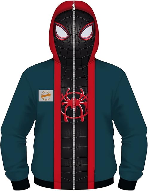 NOMISDUN Miles Morales Sweatshirts Boys Girls Hoodies Kids Spiderman 3D Prints Casual Pullover Full Zip Superheros Jumper Jackets Teen Hooded Tops Pocket Sweater,Green-Kids/XS/105~115cm