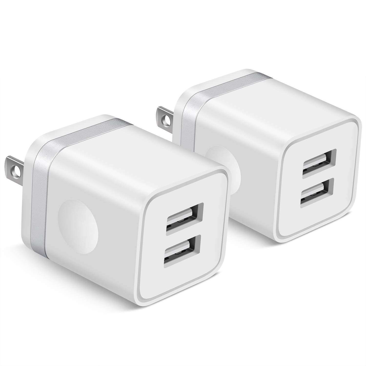 KENHAO USB Wall Charger Upgraded Dual Port USB Plug Charging Block Replacement for iPhone 11 / Pro Max SE2, XS/XR/X, 8/7/6 Plus, Samsung, Moto, Pixel, Android Phone (2-Pack) Silver