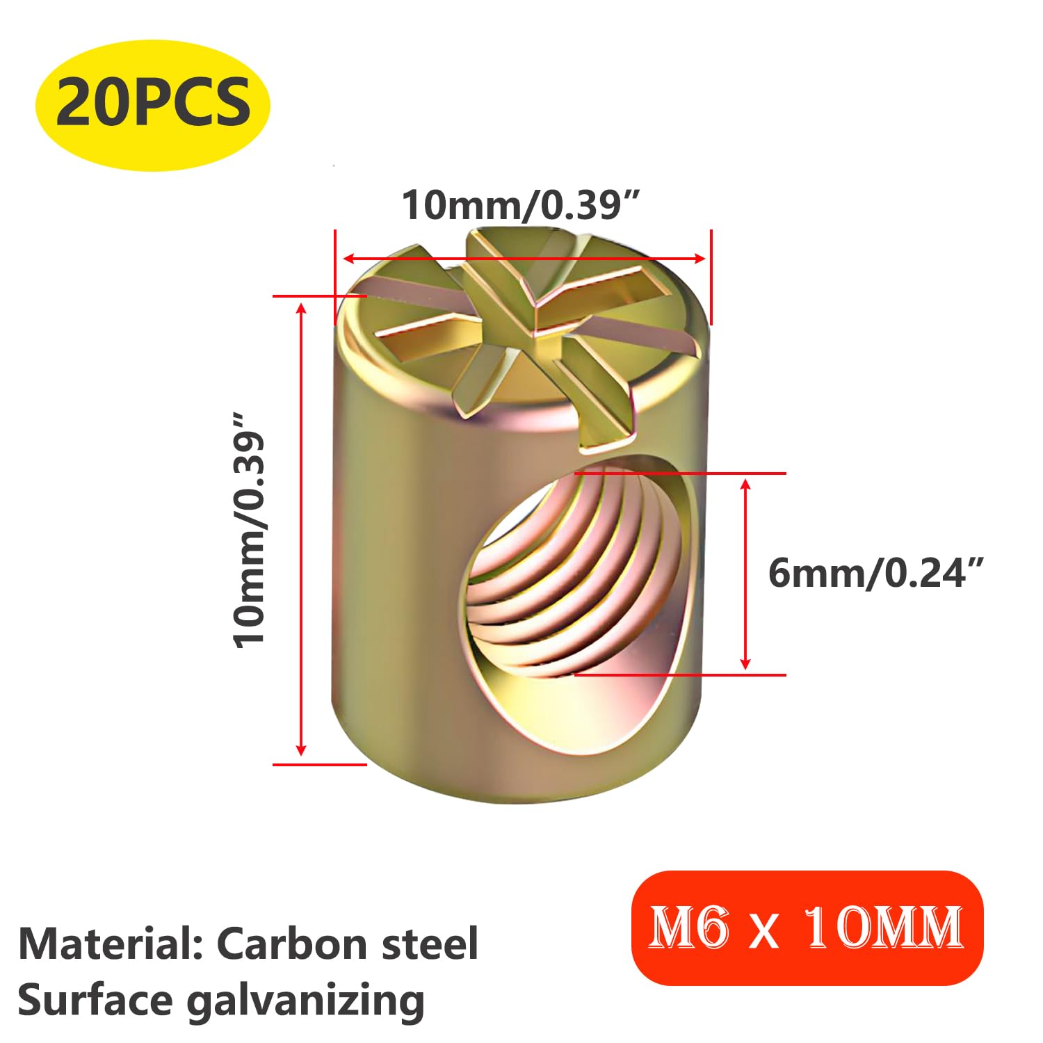 Qrity 20 Pezzi Dadi a Croce Scanalati M6 x 10mm Barrel Dadi Tasselli, Tassello Barrel Dado, Bulloni Mobili per Mobili Letto Lettino Sedie