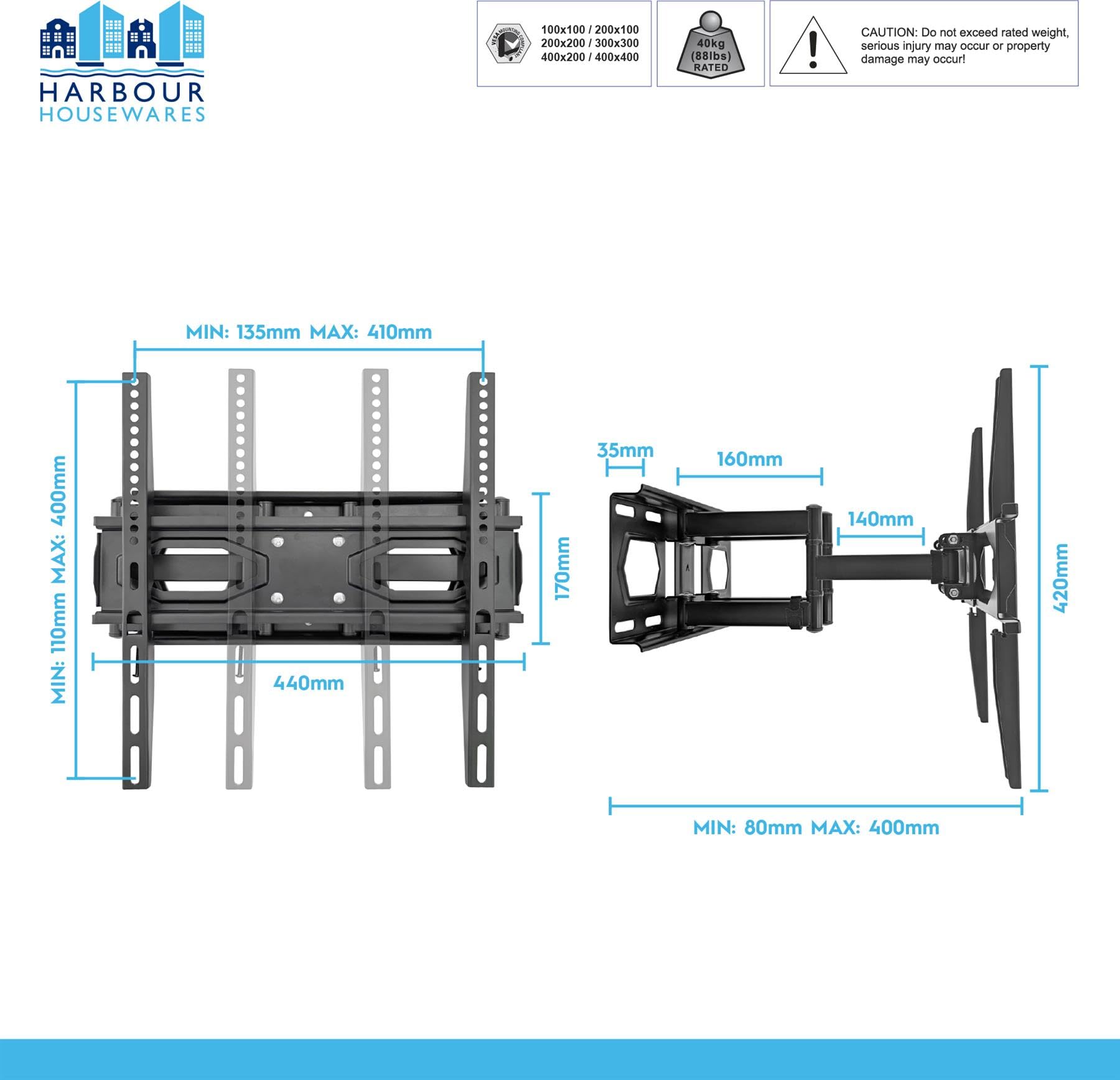 Harbour Housewares Full Motion TV Wall Bracket 25-65" – Tilt, Swivel & Rotate, VESA 100x100-400x400, Supports Up to 40kg, Black Steel, Home Cinema Mount — view 6