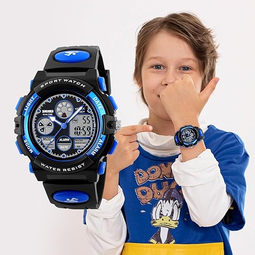 Miniatura 7 de Reloj de pulsera digital de cuarzo para niños, reloj electrónico de doble pantalla para niños y niñas, con reloj despertador, Azul, reloj de pulsera