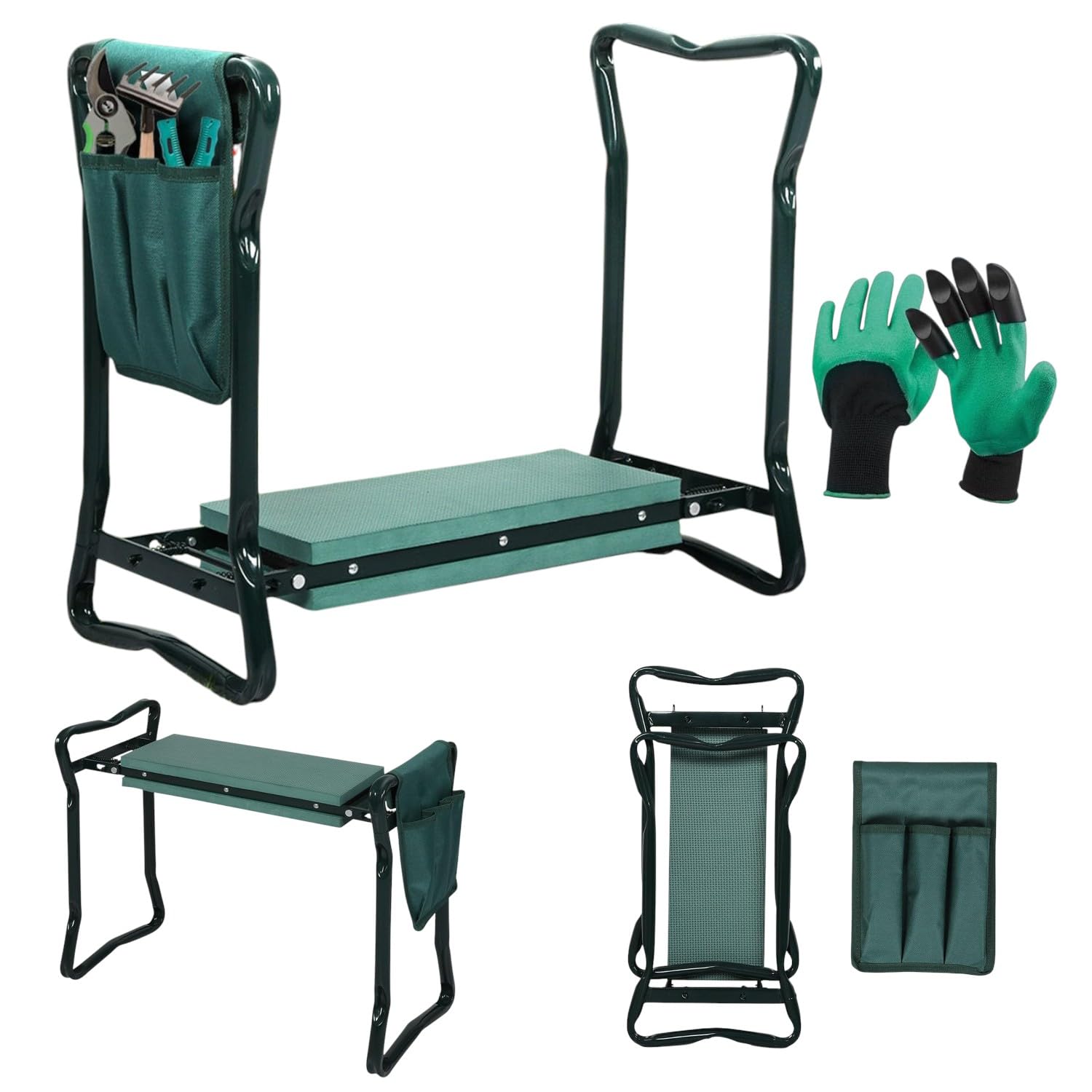 2 in 1 Heavy Duty Garden Kneeler Seat with Handles, Tool Pouch & Digging Gloves – Double Padded Foam Garden Kneeler Bench Stool for Senior Citizens Men & Women, Ideal for Gardening, Cleaning, Outdoor