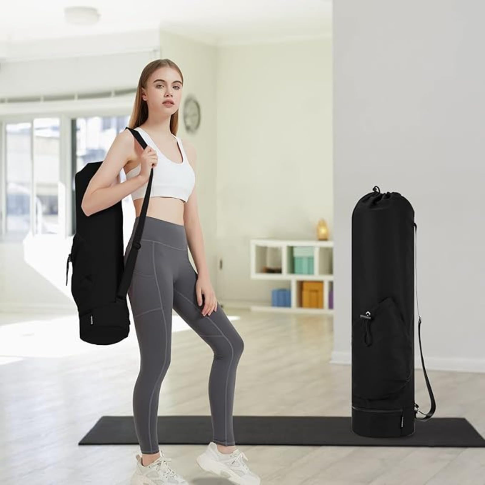 Torba na matę do jogi z regulowanym paskiem, izolowaną kieszenią i kieszenią na mokro/sucho do pilatesu i fitnessu