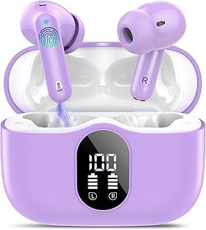 Wireless Earbuds, Bluetooth 5.4 Headphones Bass Stereo, Ear Buds with Noise Cancelling Mic, IP7 Waterproof in Ear Earphones, 36H LED Display Bluetooth Earbuds for Laptop Pad Phones, Pale Violet