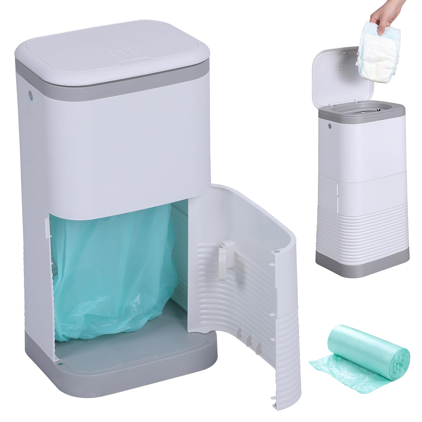 fiakoais Nappy Bin 12L Odour Locking Nappy Disposal System, One-Handed Nursery Waste Pail with Double Layer Lid and Lock Buckle, Diaper Pail for Baby Changes, Pet Litter and Bathroom Waste