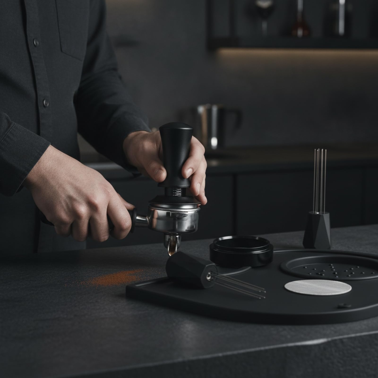 Baoblaze 1 Pezzo Pressino caffè Espresso Tamper Accessori Distribuzione Set Acciaio Silicone con Supporto Utensile E Tappetino Protettivo Adatto per Domestico Bar Ufficio, con 8 Aghi di Ricambio