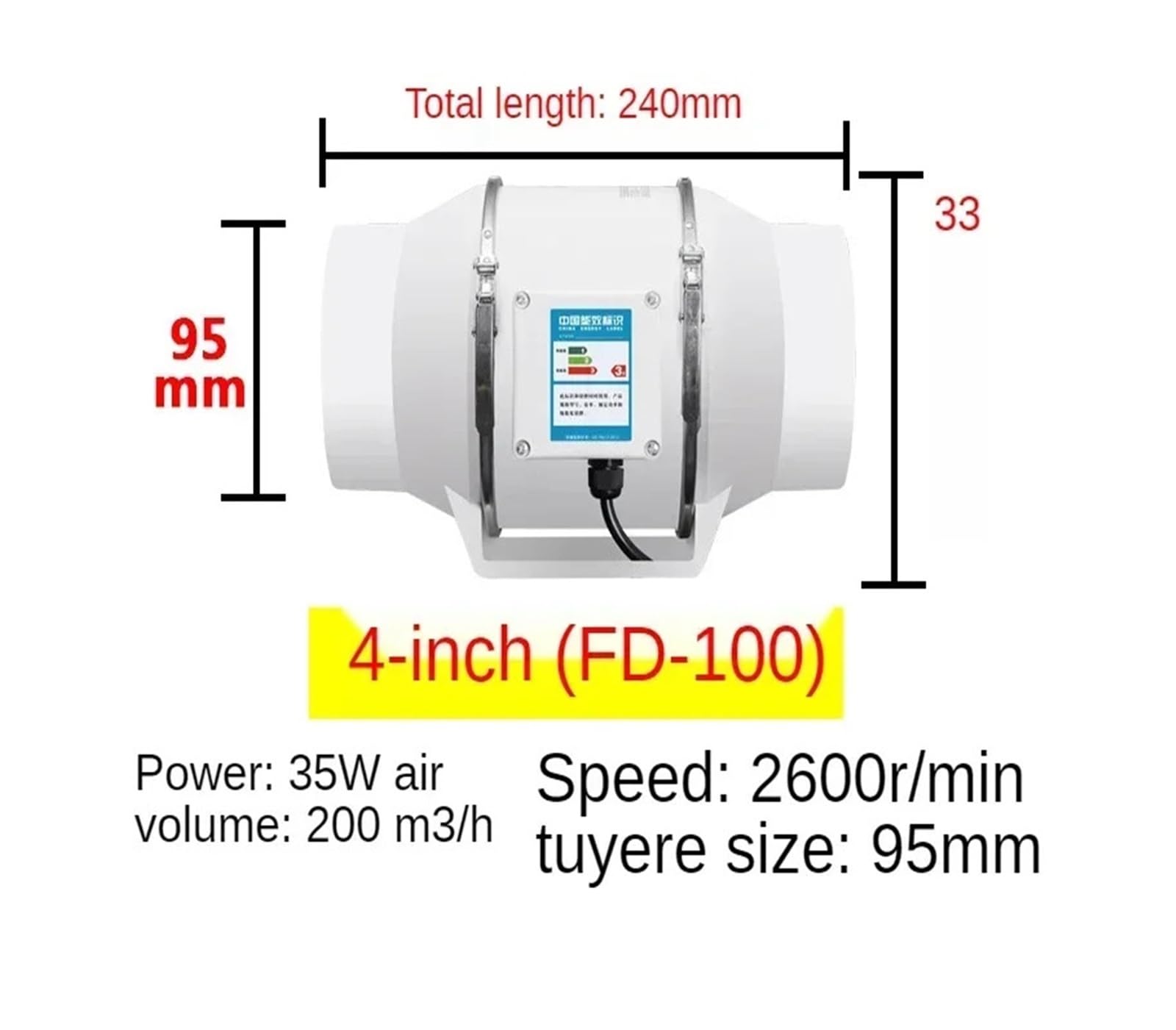 Ventilador de conducto en línea de 4'', 5'' y 6'', ventilador de extracción silencioso for conductos Para baño y dormitorio(4 Inch)