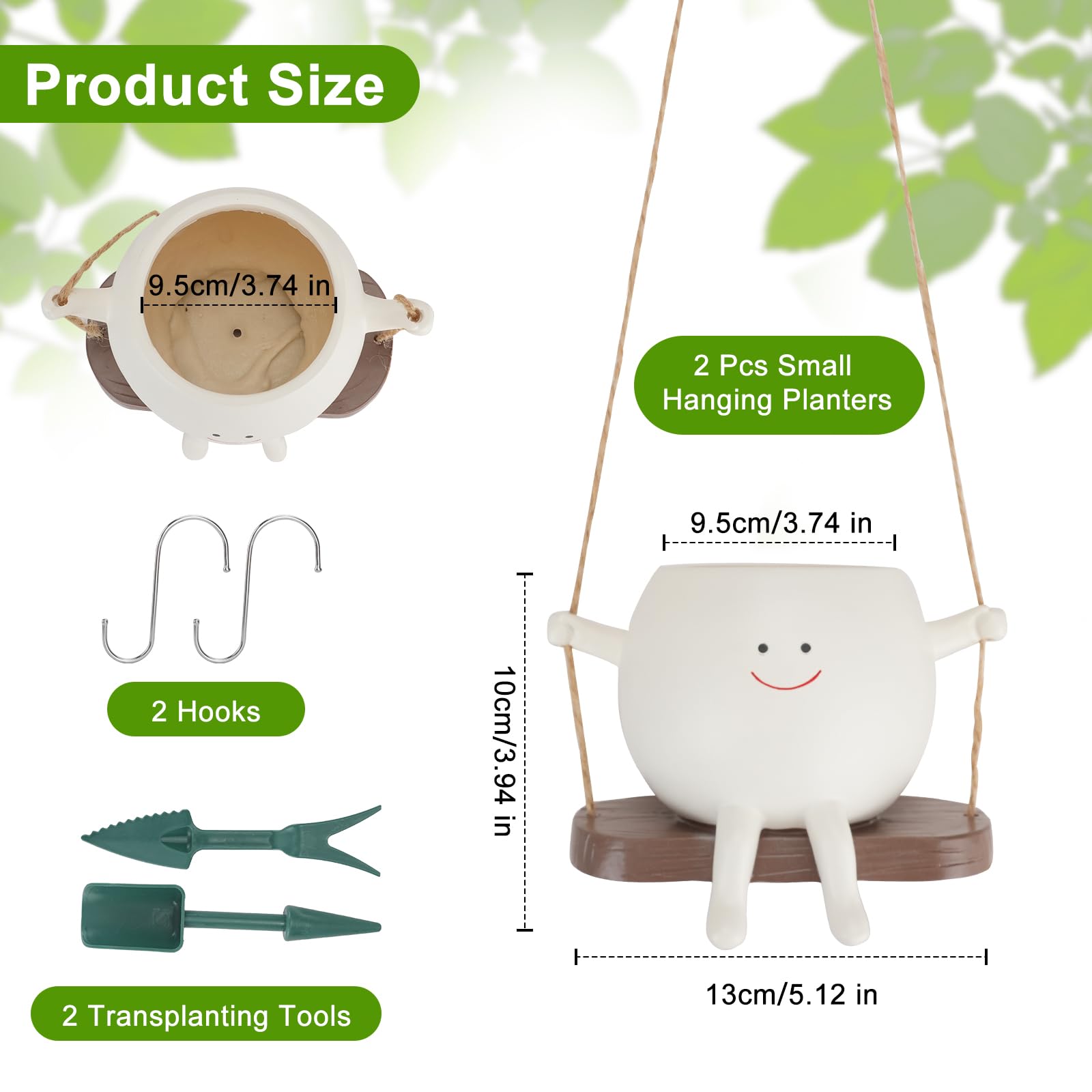 WRENYZK Lot de 2 pots de fleurs suspendus - Visage à bascule - Mignon - Pour l'extérieur - Avec crochets et outils de transplantation