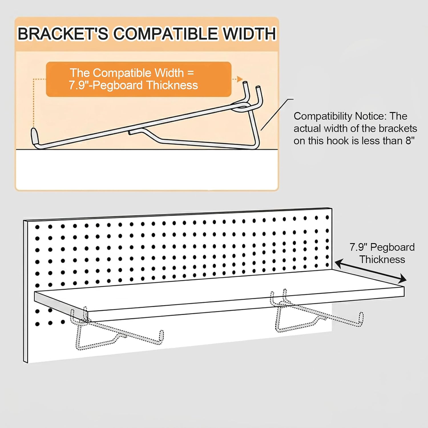 20 Pack 8" Pegboard Shelf Hooks, 1/4 in Secure&Stable | Peg Board Organizer Accessories, Display and Storage Rack Shelves and Baskets Brackets for Garage Workbench Art Craft Office