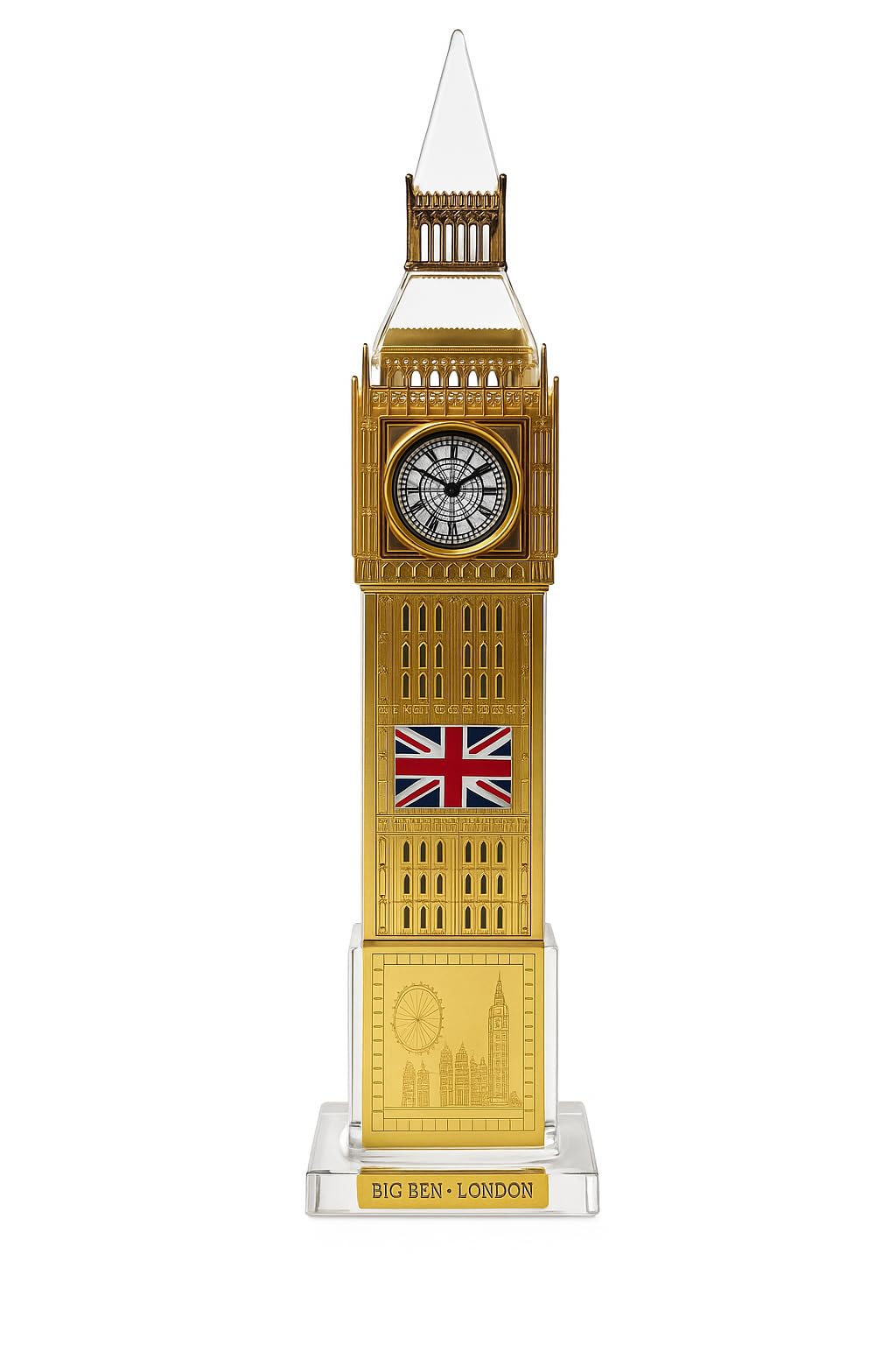 Jrose Collections Gold Colour Changing Big Ben Souvenir Clock 24Cm Tall, Led Light Up London Tower Ornament With Union Jack Detail, Decorative Tabletop Clock