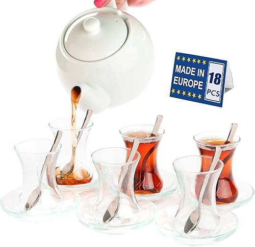 Miniatura 8 de El juego de té turco tradicional de 19 piezas Buybox incluye: 6 tazas de té (4.5 onzas), 6 platillos, 6 cucharas de acero inoxidable y azucarero con