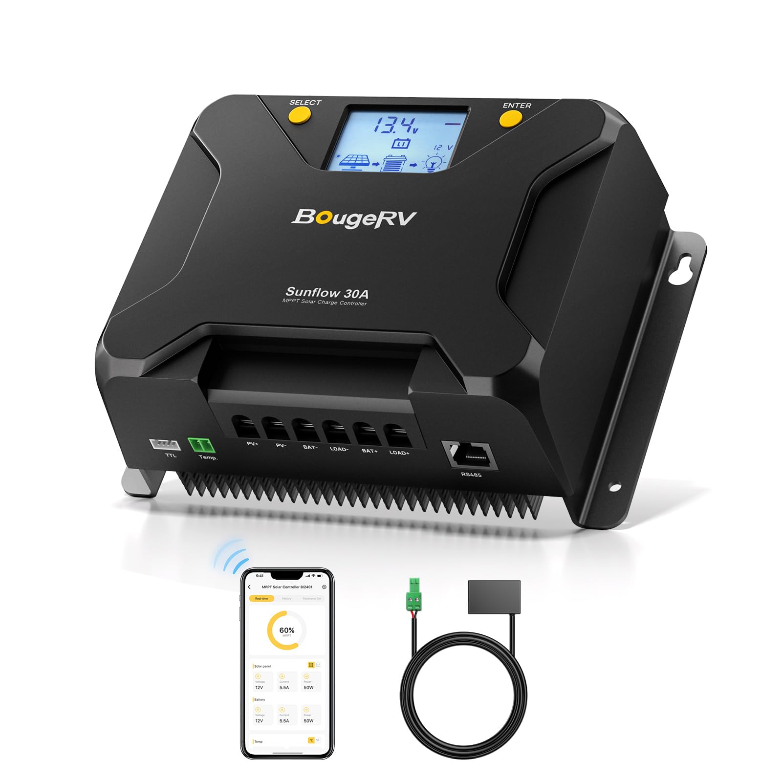 BougeRV MPPT Solar Charge Controller 30A, w/ Low-Temp Cut-Off, APP Control, Backlit LCD, 30 Amp Solar Panel Regulator 12V/24V for LiFePO4, SLD, Gel, FLD, AGM Battery, RV, Marine, Upgraded