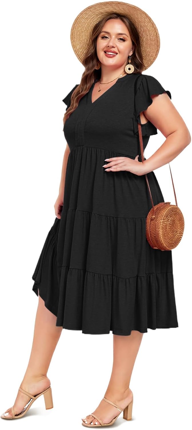 Moon Wood Womens Plus Size V Neck Ruffle Midi Dress 2025 Summer Casual Flowy Tiered Dresses with Pockets - Image 4
