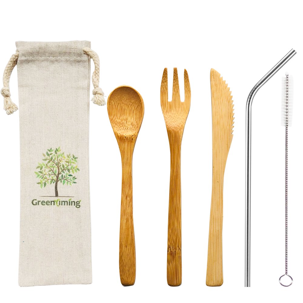 Natural Bamboo Cutlery Set, Washable Reusable Travel Flatware Utensils Set of 4, 7.5 inch Bamboo Fork Knife Spoon Flatware with Metal Straw and Cleaning Brush, Dishwasher Safe Dinner Set