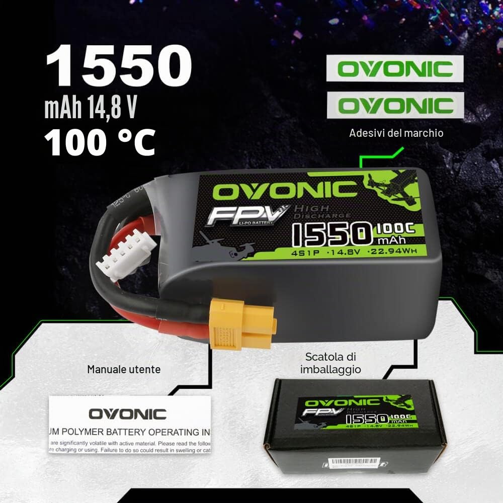 OVONIC Batteria Lipo 4s 100C 1550mAh 14.8V FPV Batteria con Connettore XT60 per RC Aeroplano Drone RC Quadricottero(2pcs）