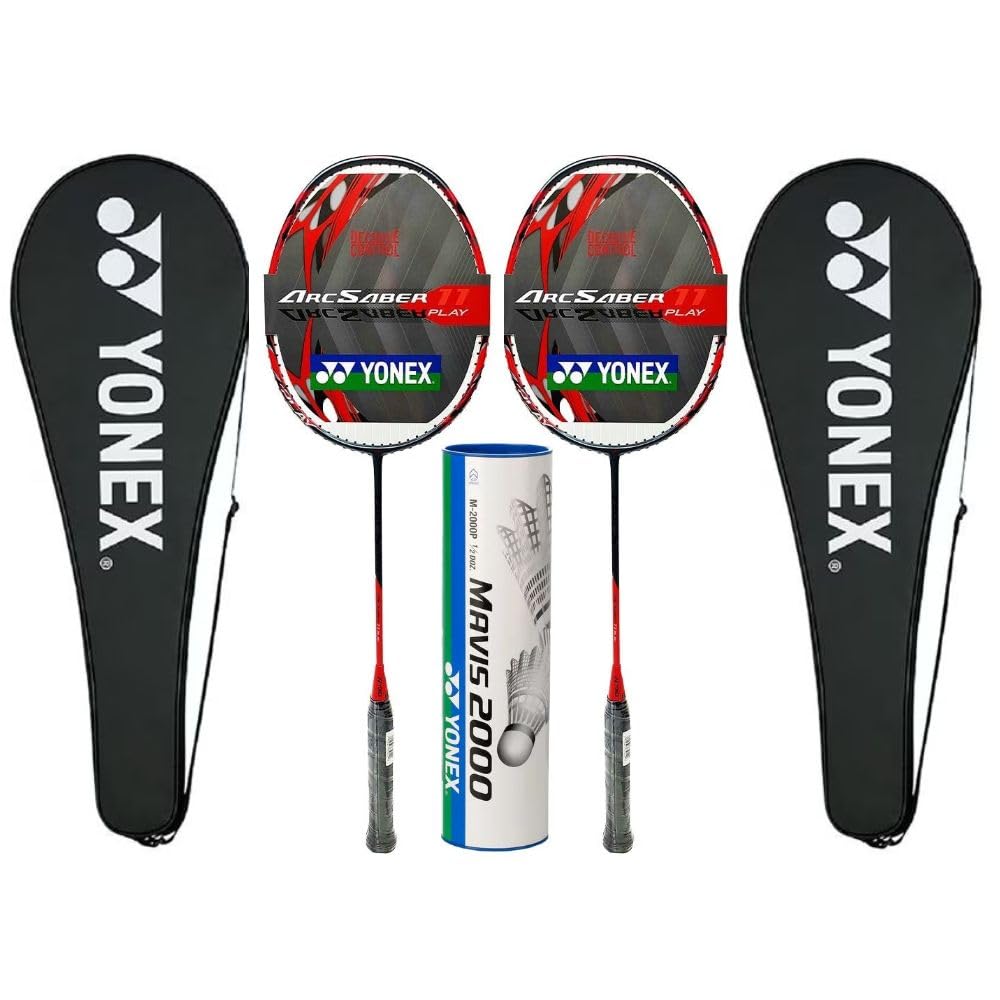 2X Yonex Arcsaber 11 Play Pre Strung Baminton Racquet, Grayish Pearl Bundled with Yonex Mavis 2000 White Shuttlecock