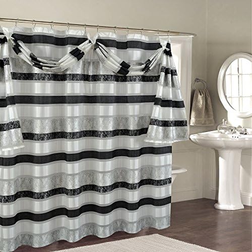 BH Home Venezia Fabric Shower Curtain with Scarf Made Out 100% Polyester. (Venezia Gray/Black)