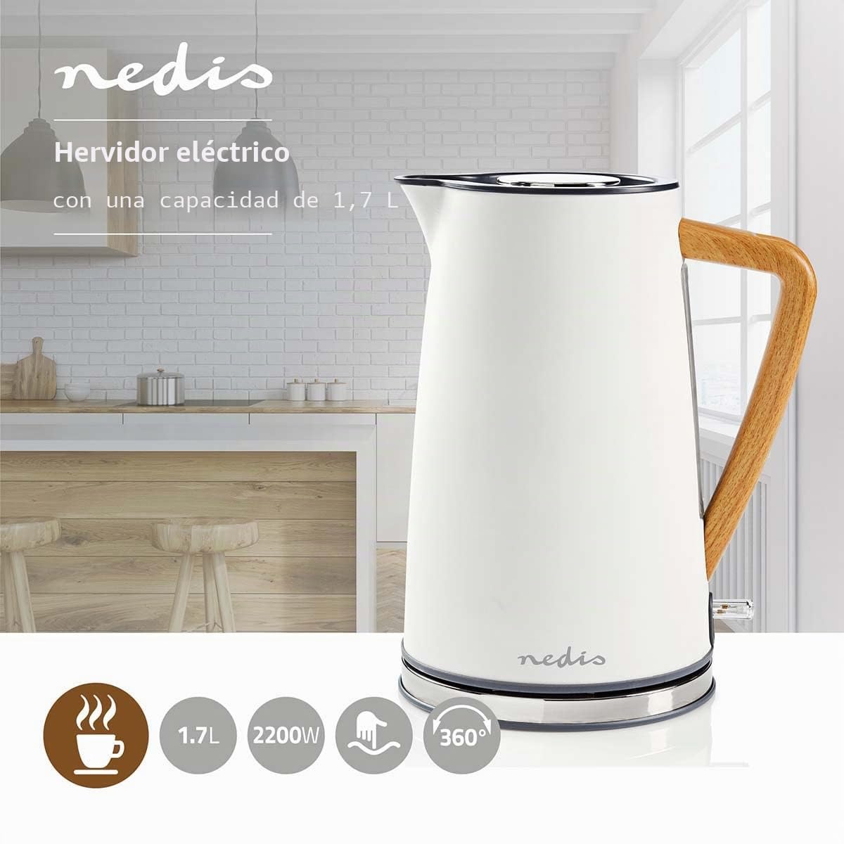 Nedis Tetera eléctrica - Elegante diseño Retro - con Capacidad de 1,7 litros, Filtro antical, Base giratoria de 360 Grados sin Cable y protección contra Funcionamiento en seco - Blanco