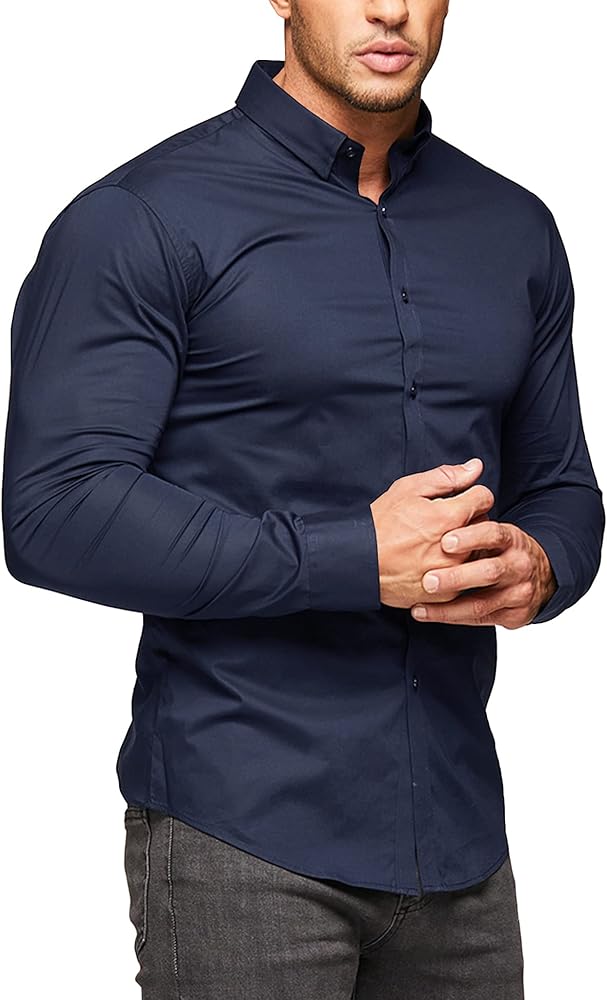 Amazon.com: URRU Men's Muscle Dress Shirts Slim Fit Stretch Long Sleeve  Casual Button Down Shirts Navy Blue XL : Clothing, Shoes & Jewelry