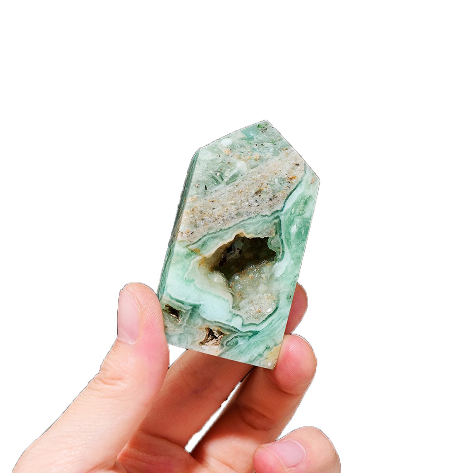 Natural Green Agate Geode Crystal Tower 4Faceted Single Terminated Point