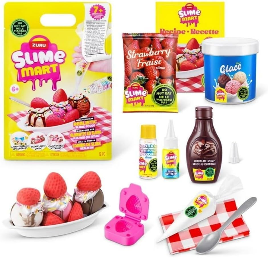 Contents of ZURU Slime Mart Ice Cream Sundae Kit laid out