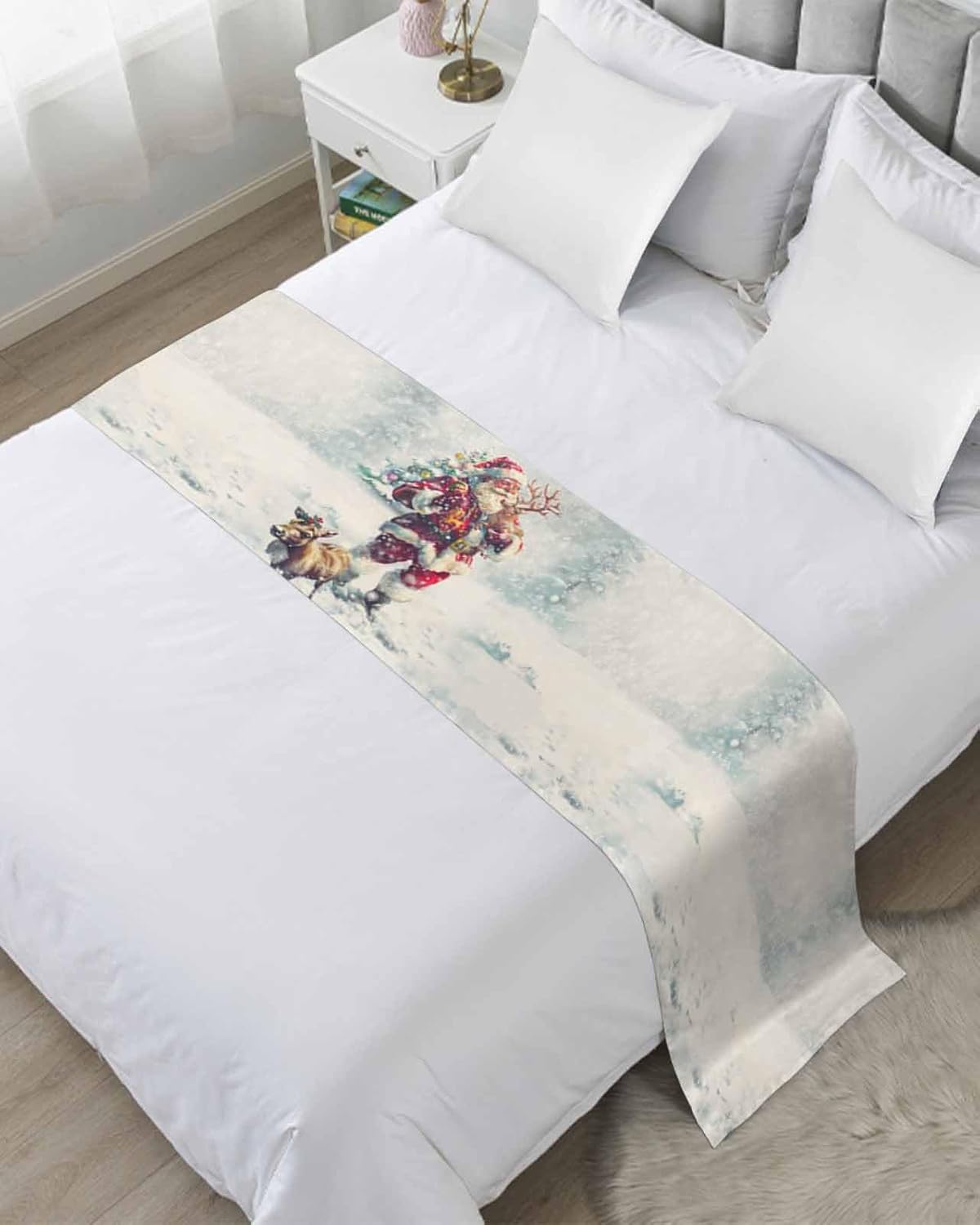 Christmas Bed Runner for King Size Bed, Xmas Santa Deer Snowflake Winter Bedspread Protector Slipcover Bed Scarf for Foot Bed Runners & Scarves for Bedroom Hotel Wedding Room 102x20 Inches