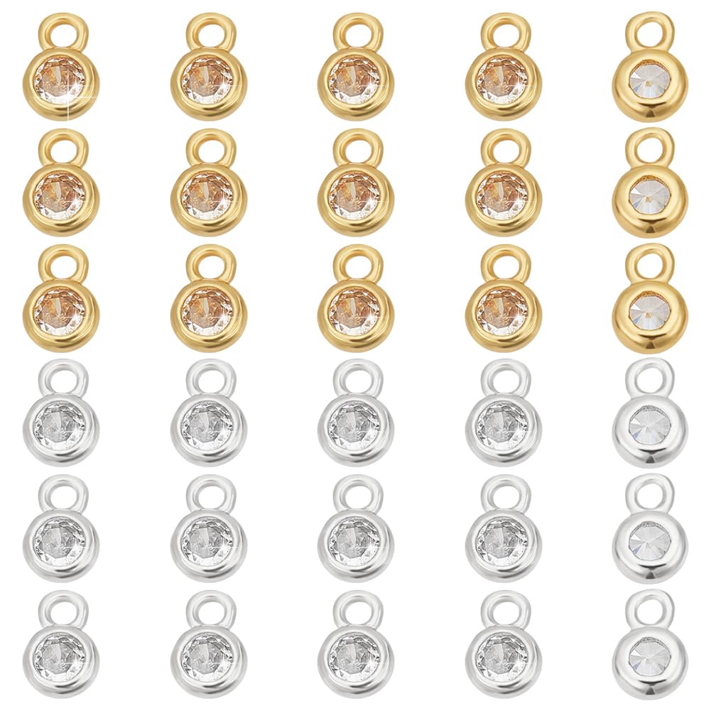 WADORN 60Pcs Cubic Zirconia Charms Platinum Golden Flat Round Charm Crystal Gemstone Pendants with Brass Findings Bulk for Necklace Bracelet Earring Jewelry Making DIY Costume Shoes Decor 1.2mm Hole