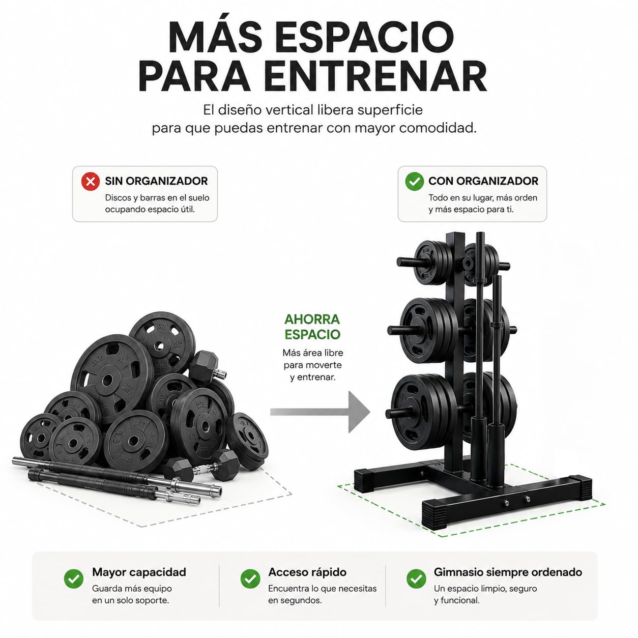 Rack para discos y barras ajustable 400 kg – Soporte para gimnasio en casa con 6 soportes para discos y 2 para barras olímpicas, acero reforzado, 113 × 69 × 61 cm