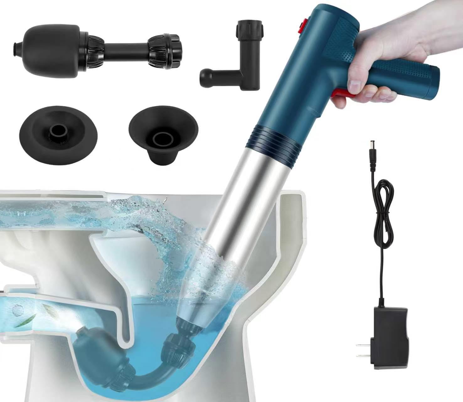 Pistola elettrica ad alta pressione per scarico dell'aria con barometro visivo, stantuffo ad aria per bagno, cucina, vasca da bagno, WC, rimozione intasamenti, colore blu