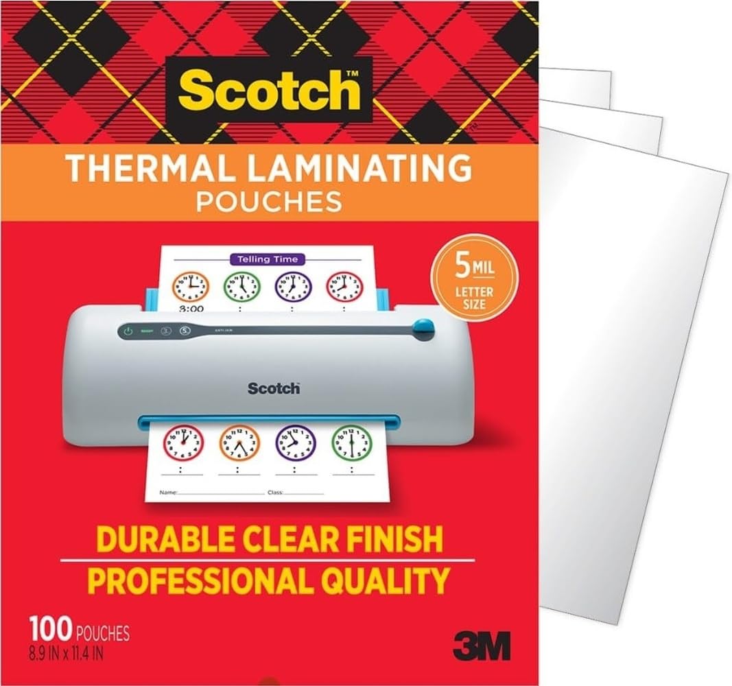 Scotch, Laminierfolien, 100 Stück, klar, 5 mil – zum Laminieren von Visitenkarten, kleinen Bannern, Aufsätzen, Büro- oder Schulmaterialien, passend für Papier im Format Letter 22,6 × 28,9 cm