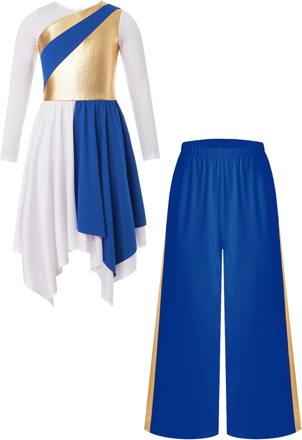 Aislor Kids Girls Lyrical Praise Dance Dress Metallic Gold Liturgical Worship Church Robe with Wide Leg Pants Set