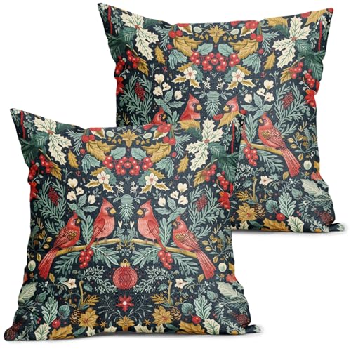 aportt Christmas Pillow Covers 20X20 Inch Cardinal Red Birds Berry Leaves Decorative Pillow Cases Set of 2 Xmas Holiday Throw Pillows Home Decor for Sofa Couch Cushion Outdoor