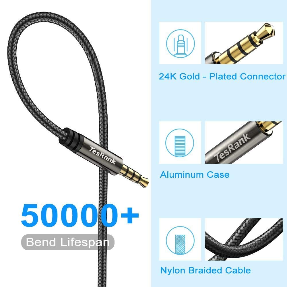 TesRank Kabel audio 3,5 mm 4-biegunowy nylonowy kabel Aux przewód wspierający mikrofon do słuchawek/telewizora/laptopa/smartfonów/tabletów/domu stereo/samochodu i innych, 1 m