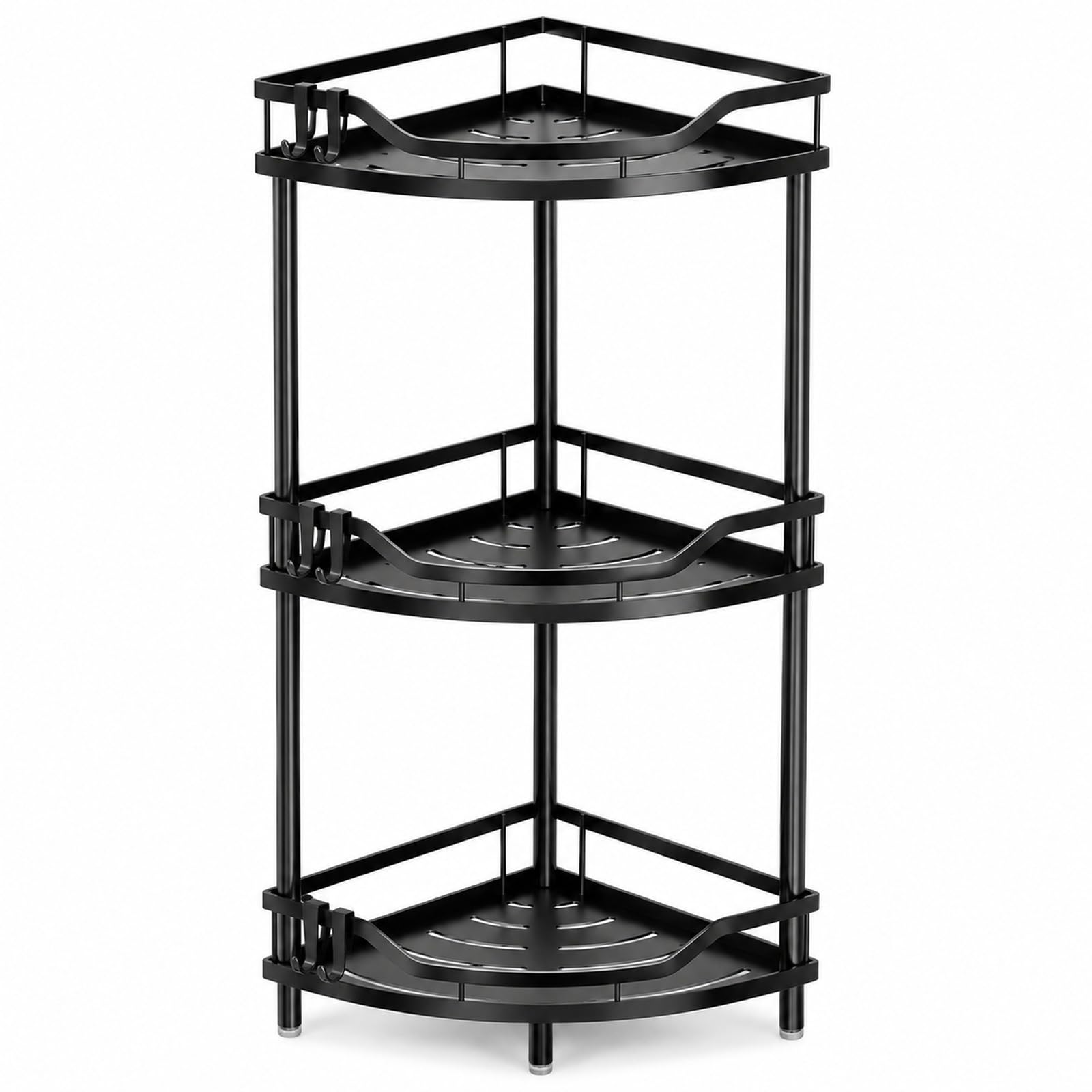 GOOGO Scaffale doccia senza foratura a 3 ripiani, mensola da bagno da terra per doccia e lavabo, organizer angolare freestanding in metallo con design drenante (nero)