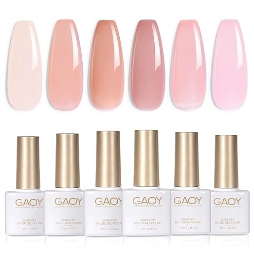 GAOY Jelly Nude Pink Gel Nail Polish Set, 6 Transparent Sheer Colors Soak Off UV Light Cure Gel Polish Kit for Salon and Nail Art DIY at Home