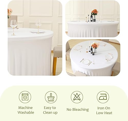 Miniatura 3 de Mantel redondo blanco de 60 pulgadas con borde elástico, sin arrugas y lavable para mesa redonda de 5 pies, mantel reutilizable para bodas, fiestas,