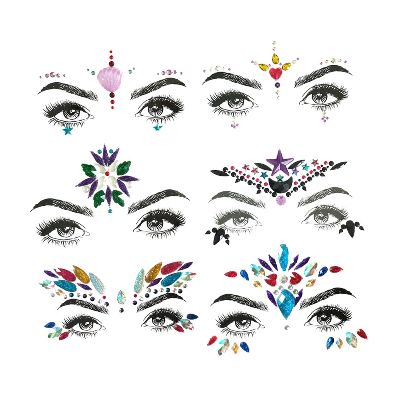 FRCOLOR 2 Set Di Gioielli Adesivi Per Il Viso Glitterati Adesivi Per Il Corpo Per Festival Per Trapano in Acrilico Strass Di Cristallo Per Feste 6 Pezzi*2