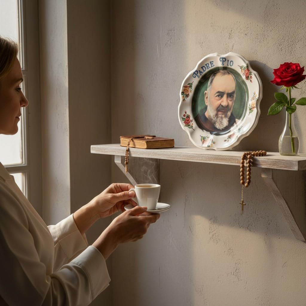 OVUNQUE PROTEGGIMI Quadretto Padre Pio in Plastica da Appendere o da Appoggio - Piatto Decorativo con Immagine San Pio e Decorazioni Floreali - 27x27 cm - Lavabile in Lavastoviglie