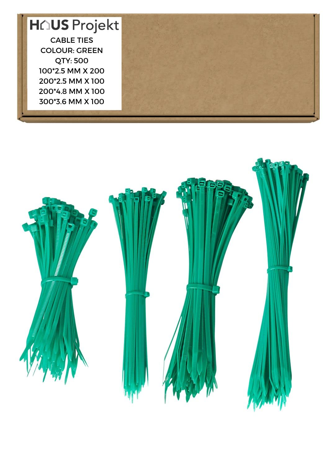 Haus Projekt Cable Ties 500 Pack Green, Assorted Size ​Zipties, 100/200mm x2.5, 200x4.8, 300x3.6, Cable Management Tidy, Heavy Duty Plastic Zip Tie Wraps, Garden Christmas Cable Ties, Small Long Wire