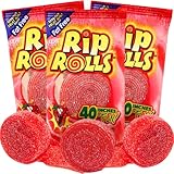 Sweetzo - Rip Rolls Sugar Coated Strawberry Candies, Assorted Fruit Flavor Fat Free Red Licorice Candy Sour Belts, 4th of July Party Favors, Pack of 3, 40 Inches